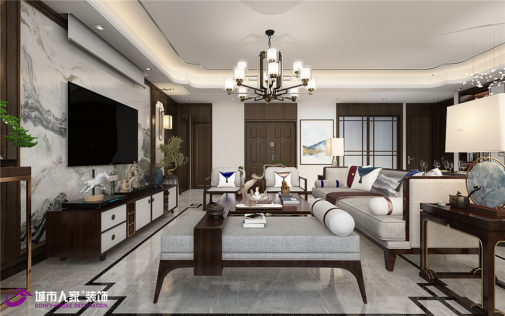 绿地国际城180㎡四居新中式装修效果图（图ZMTU2NzQ4NzU2） - 家装设计 - 站酷设计师济南城市人家装修原创素材 - 站酷ZCOOL