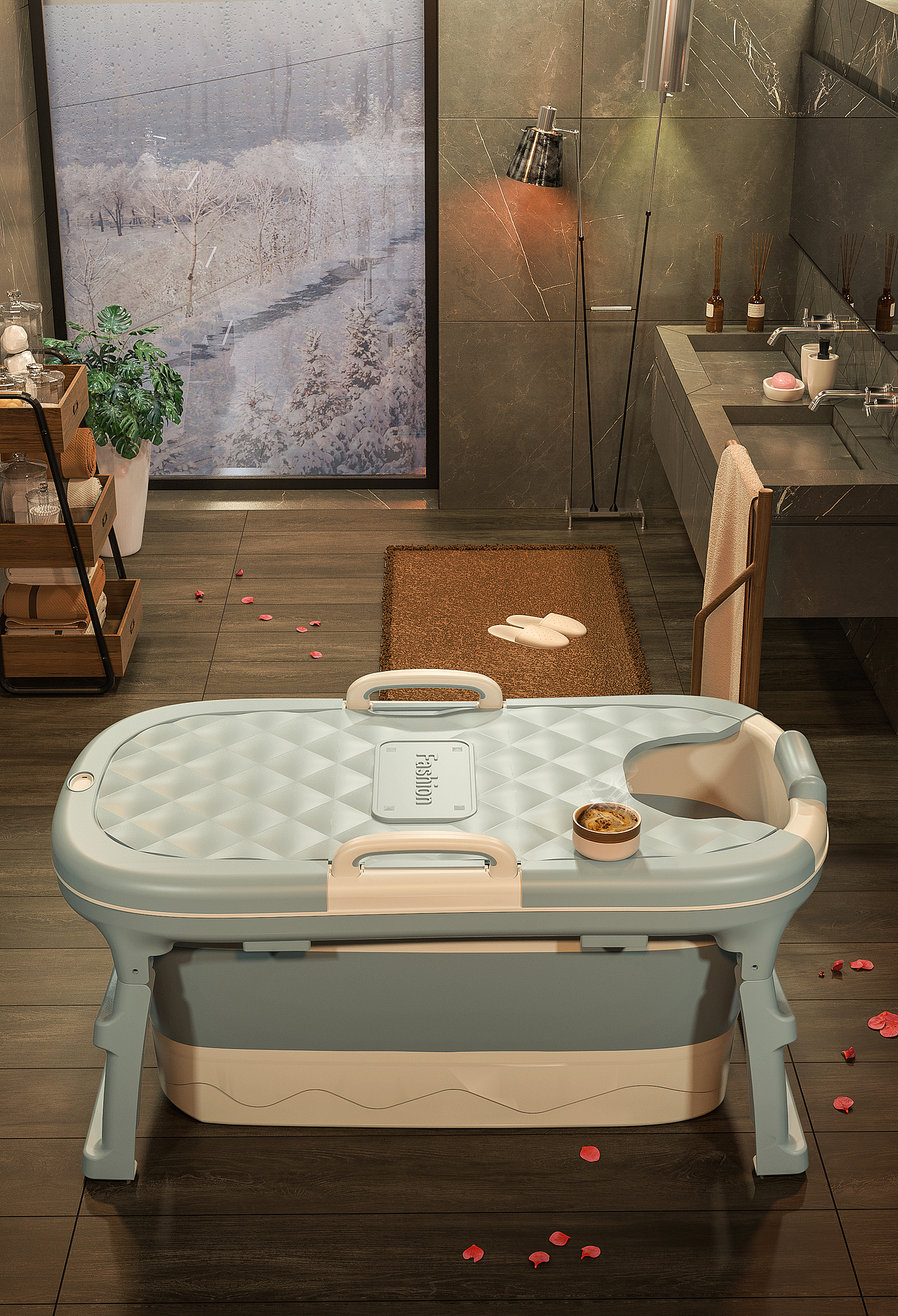 一款折叠泡澡桶建模以及白底渲染场景搭建渲染