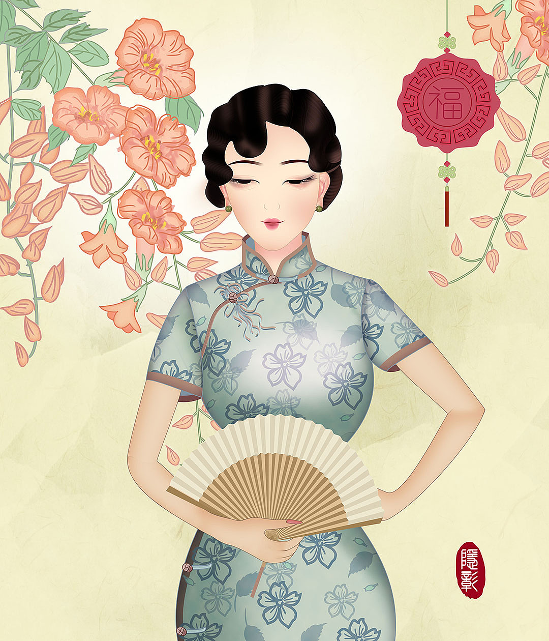 旗袍之美《凌霄花与持扇美人》（图ZMjAwNzM2ODE2） - 商业插画 - 站酷设计师隐彰原创素材 - 站酷ZCOOL