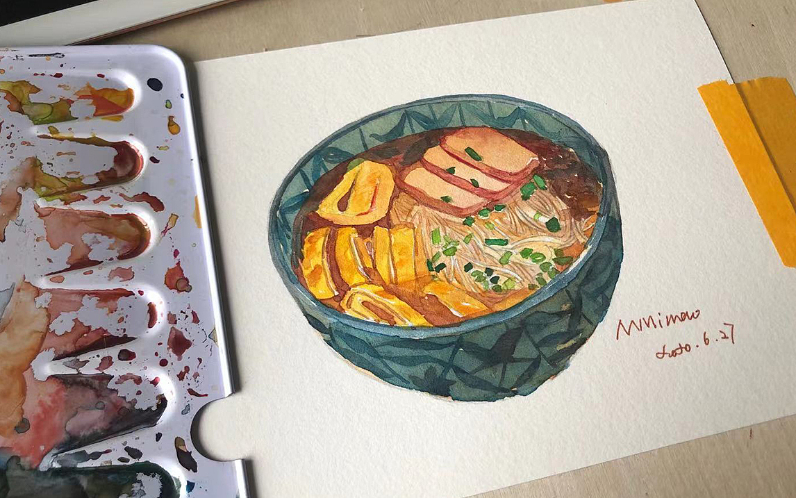 鸡蛋葱油面~日常水彩手绘[z大笑][z动心]