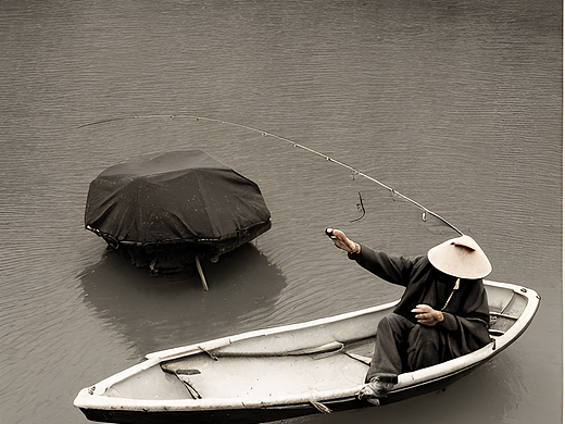 #站酷梦笔#画面中,一位老人穿着蓑衣戴着斗笠,独自坐