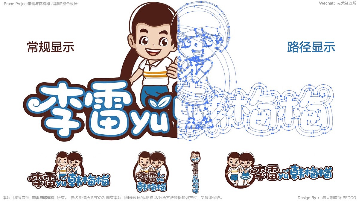 这次项目是全系统的升级,包括LOGO的升级;上图是原LOGO,可以简单总结有以下几个不足之处 : ①:3层字体的结构-塑字细节繁琐(公益难做)②:字体造型丰富(是风情化的设计而非当代的)③:人物边线不统一;④:人物造型并没有点明主题…;而通过右边我们在AI转为路径描点的观察,可以更加清晰 看到一个前LOGO的表达是有太多无用的装饰和堆砌的;
<br>至于字体LOGO的升级方向,前面(第3P)我们也罗列了当下竞品的形象视觉,对此李雷与韩梅的字体LOGO可以往扁平化发展(PS:如果品牌是单品产品,字体可以细节更多做到厚重感,但是韩梅梅有线下的实体店,扁平化的发展趋势对于传达韩梅梅当代品牌形象具有正向的意义)