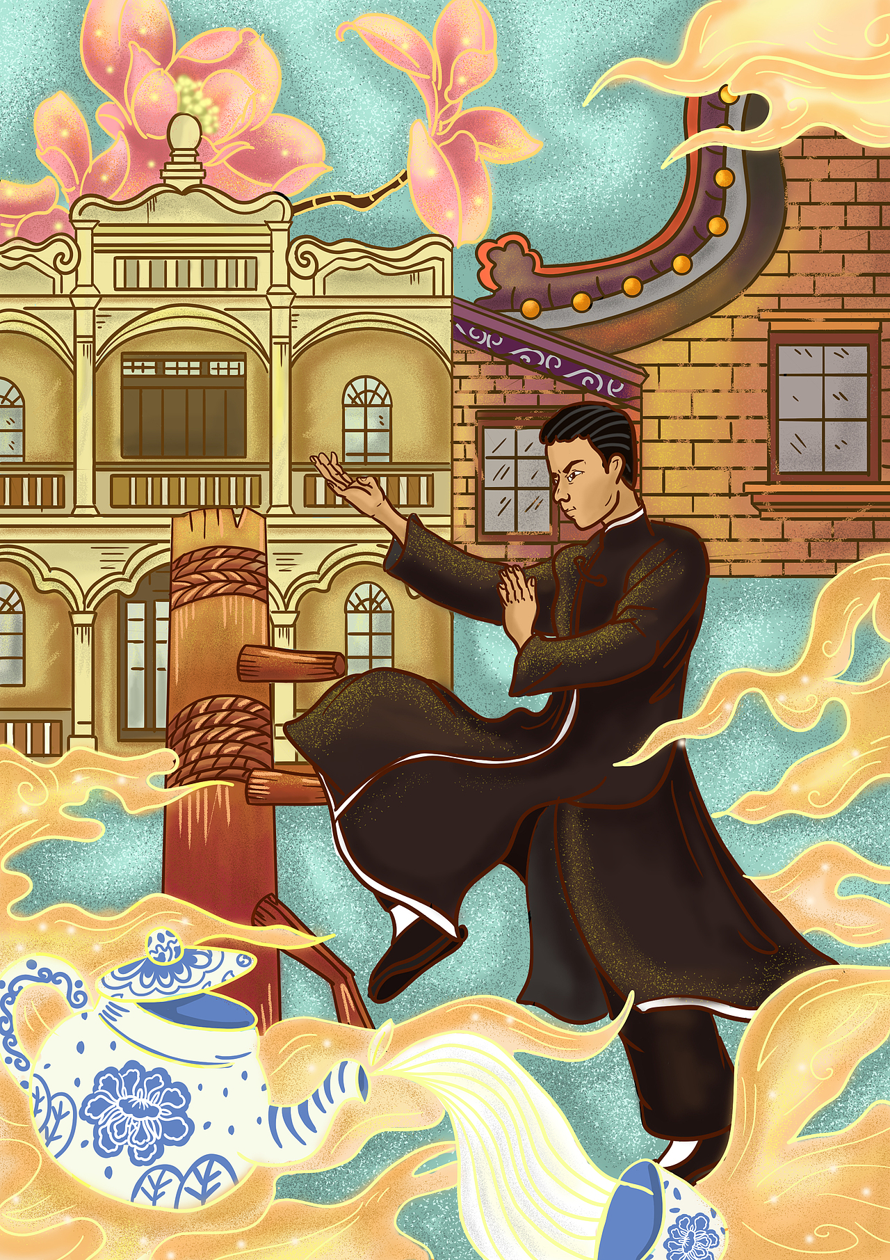 广府文化功夫视觉元素提取插画设计