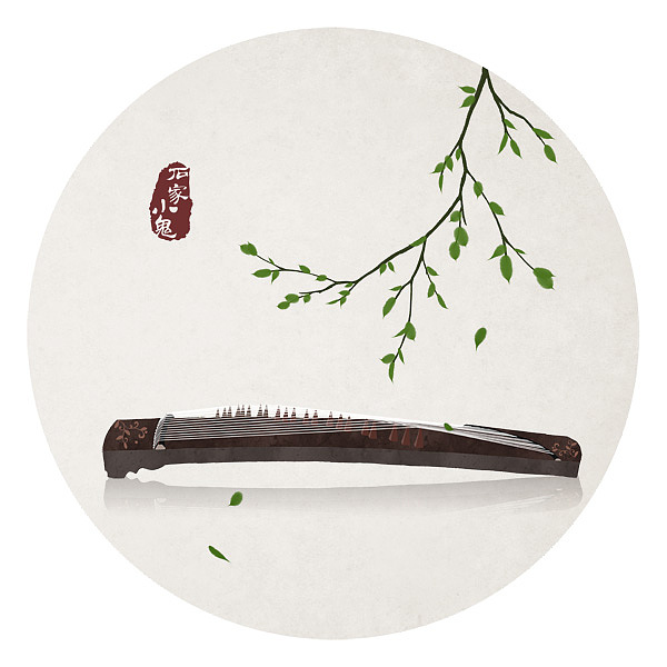 水墨中国风插画——竹间系列·中国传统乐器古筝