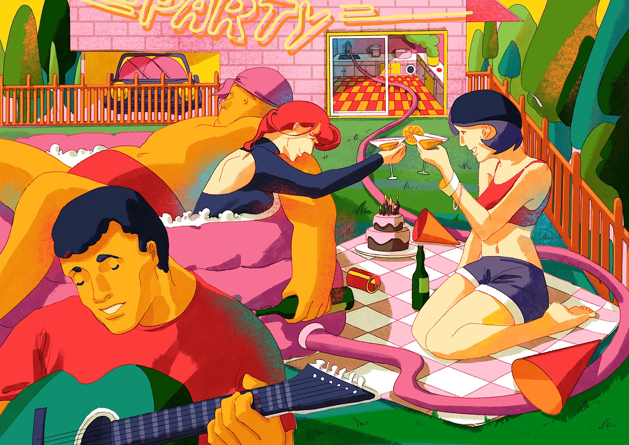 表世界:一群人在花园里开派对.