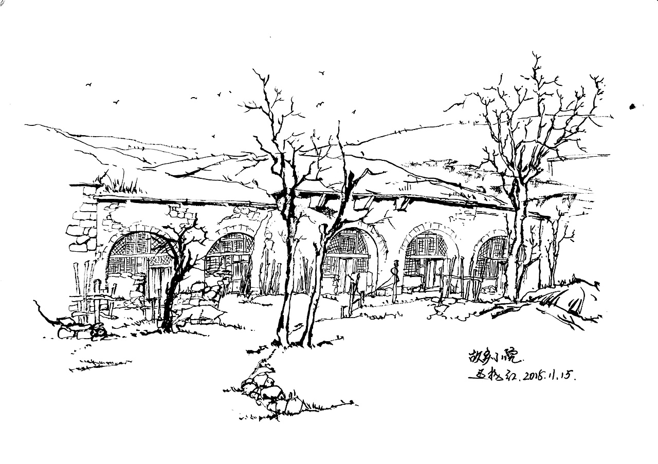 窑洞风景速写|纯艺术|绘画|延杨红钢笔画_原创作品-站酷zcool