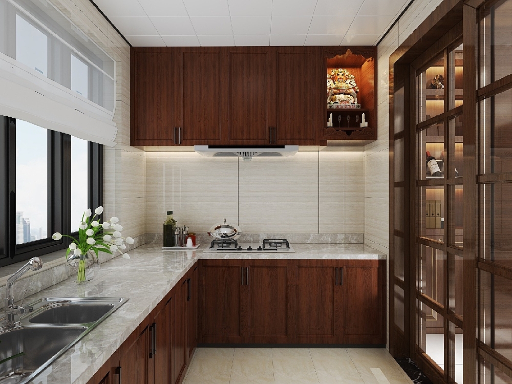 业主要求厨房摆个灶神爷,因为模型没有灶神摆了个财神代替,哈哈,好在业主阿叔理解嘻嘻嘻,台面的大理石灰很好看