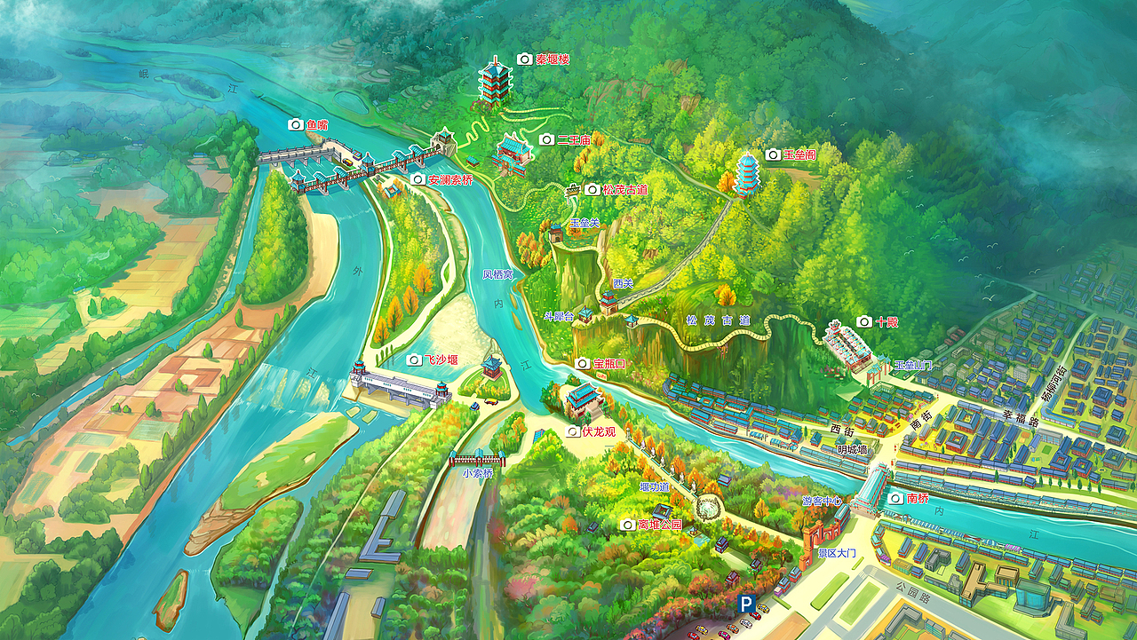 都江堰景区手绘ar导览图