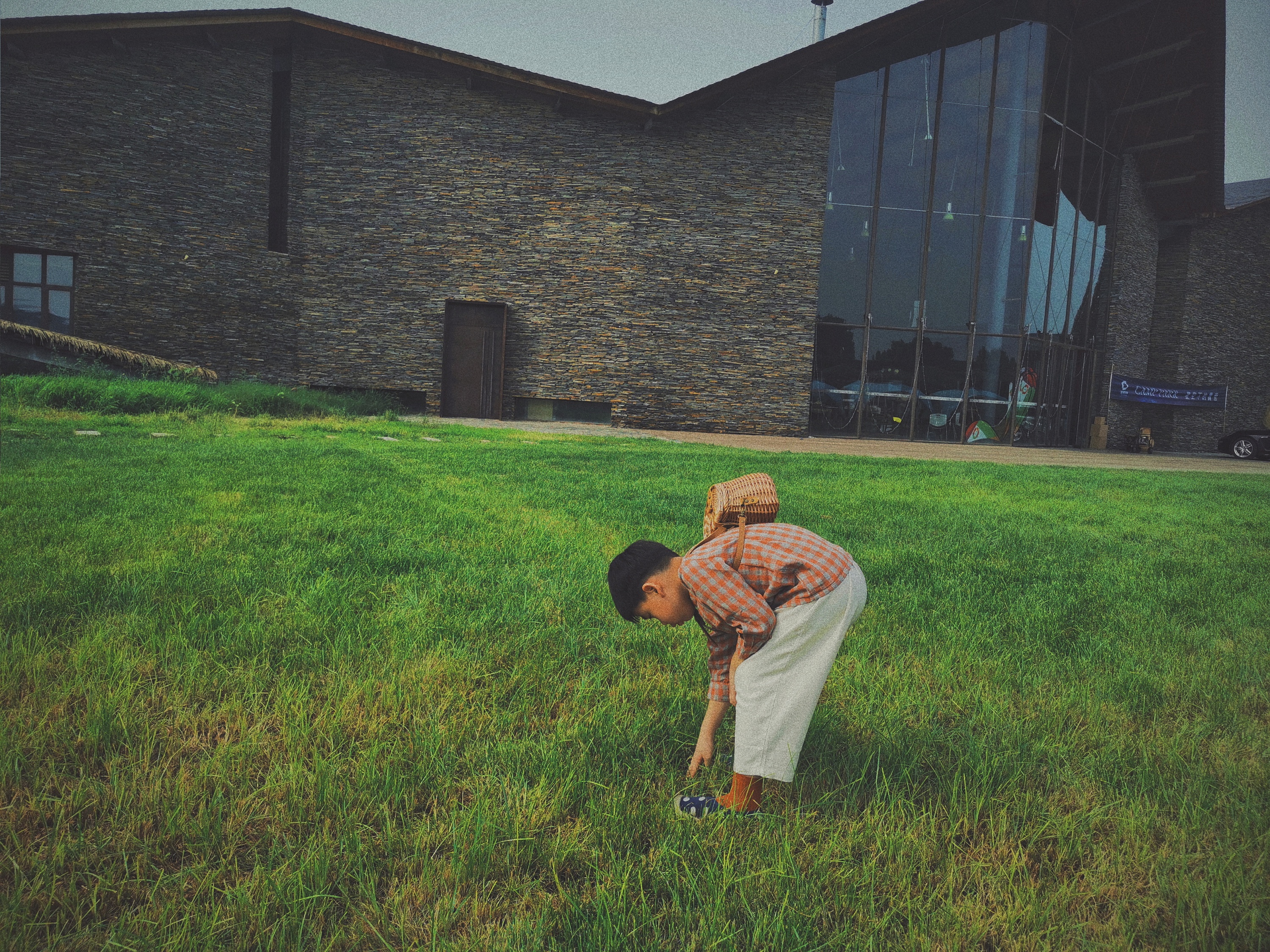 草地弯腰的小男孩丨甜妞乐耕