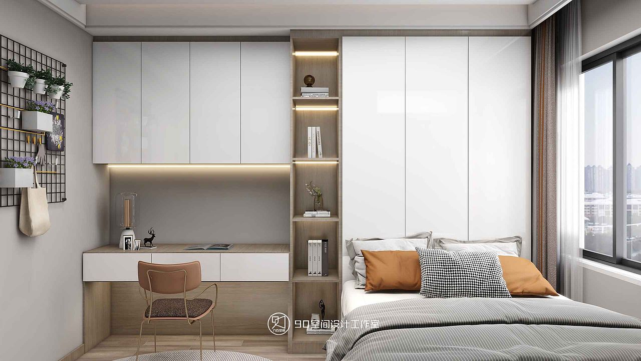 自然的木色与温柔的奶白色相融合,营造舒适温暖的同时,也拥有空间质感的宜居氛围。入嵌式的通顶衣柜连接内置学习桌的一体化设计,将空间合理利用的同时不显繁复冗余。
极简的线条设计搭配原始的木质纹理,呈现简约而高级的美感。榻榻米床的设计搭配奶茶色的柔和床品再加上一抹薄荷绿色的点缀,带来柔和安逸的休憩环境。