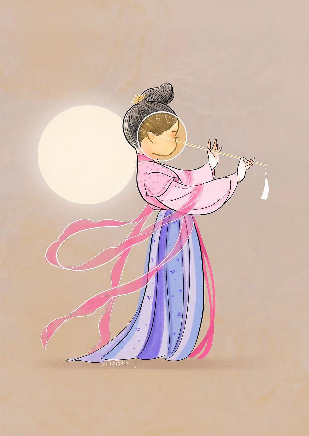 apple丁原创插画中秋节汉服中国舞