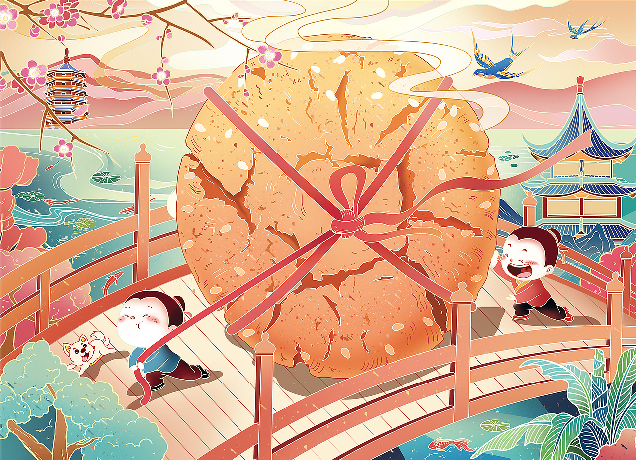 桃酥包装插画中式糕点插画包装设计中国风