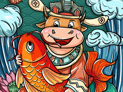 牛年年年有鱼国潮线条风插画