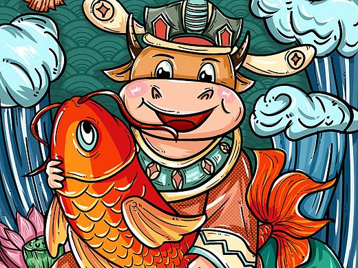 牛年年年有鱼国潮线条风插画