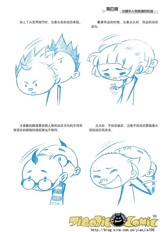 注意人物在点头时,头上的细节动态也要考虑清楚,头发的走向,饰品的