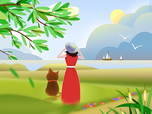 海边少女远方眺望卡通插图