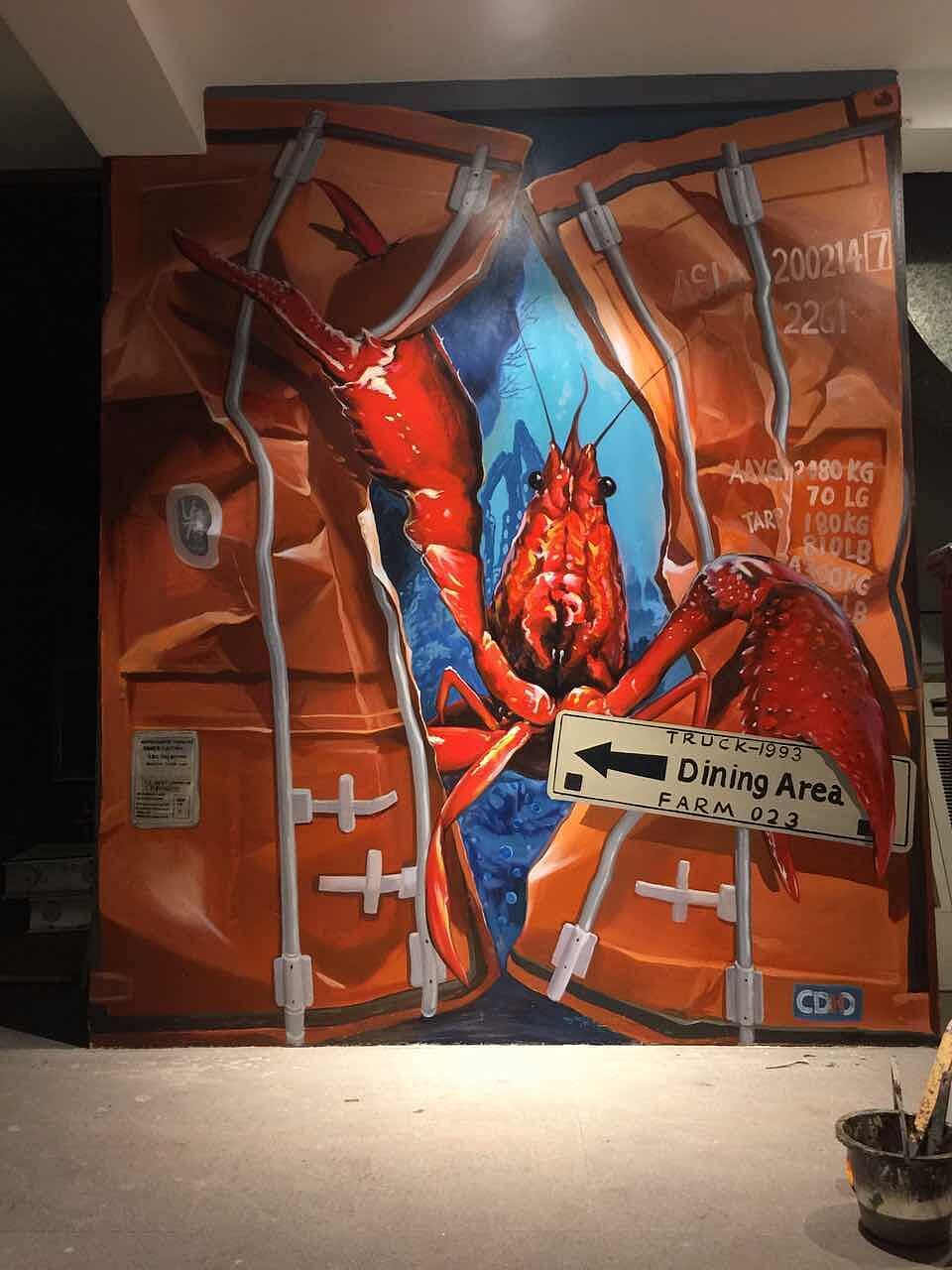 上海超写实墙绘3D画,餐厅墙绘3D立体画绘制全过程。