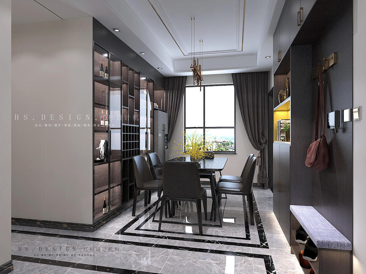 在客餐厅的整体设计上，因为客餐厅是业主品味的象征，也是体现业主品格与地位，所以通过大量的石材与茶镜运用营造稳重、大气、高雅的空间氛围。
