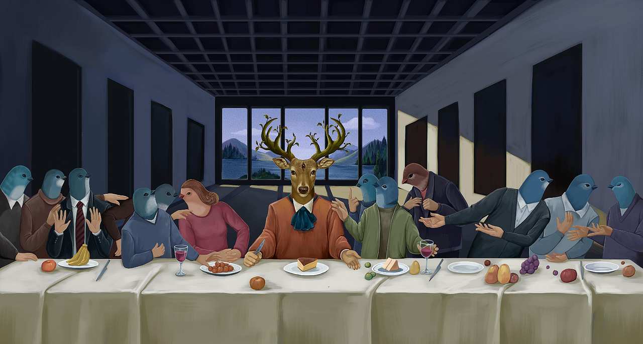 与十二门徒的晚餐,在逗哥笔下,变成了麓先生与十二位鸟人的晚宴场景