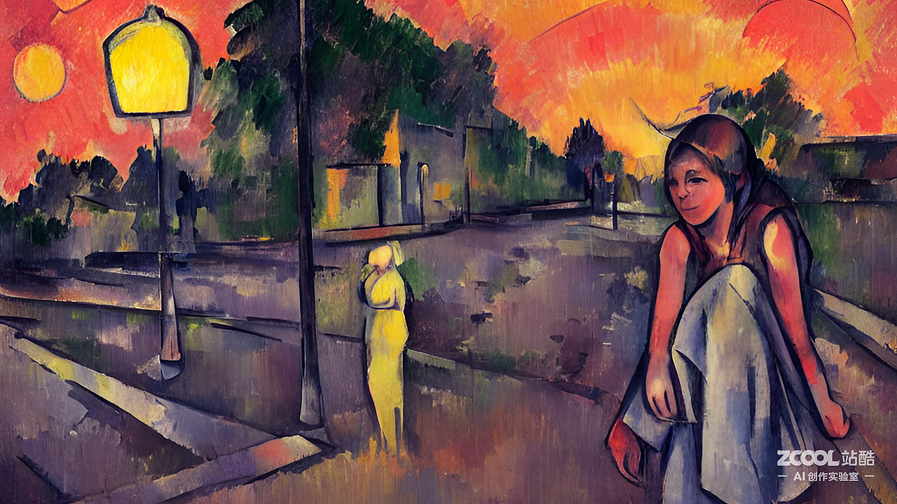 #AI创作实验室#一个少女正靠在路灯下看远处的余晖（图ZMzIxMDEyNjMy） - AI作品 - 站酷设计师斑马没有花纹原创素材 - 站酷ZCOOL