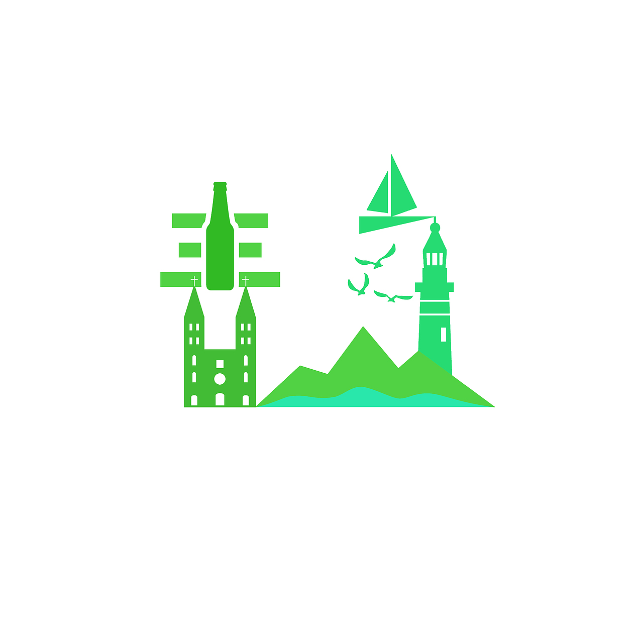 【青岛】主要元素:啤酒,教堂,帆船,海鸥,灯塔,山海