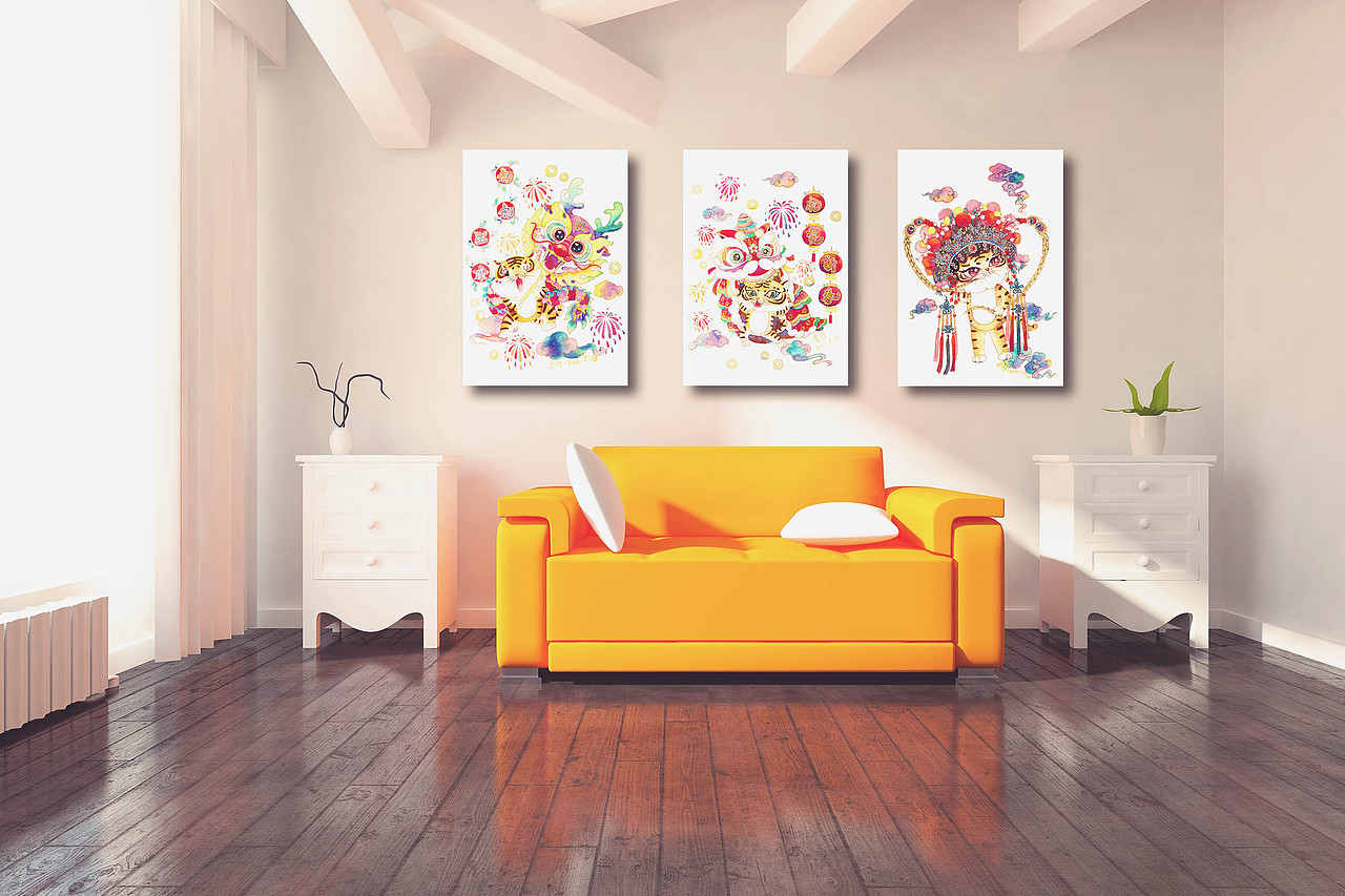 中国风萌虎来袭、虎虎生威、虎贺新春、财神刀马旦年画