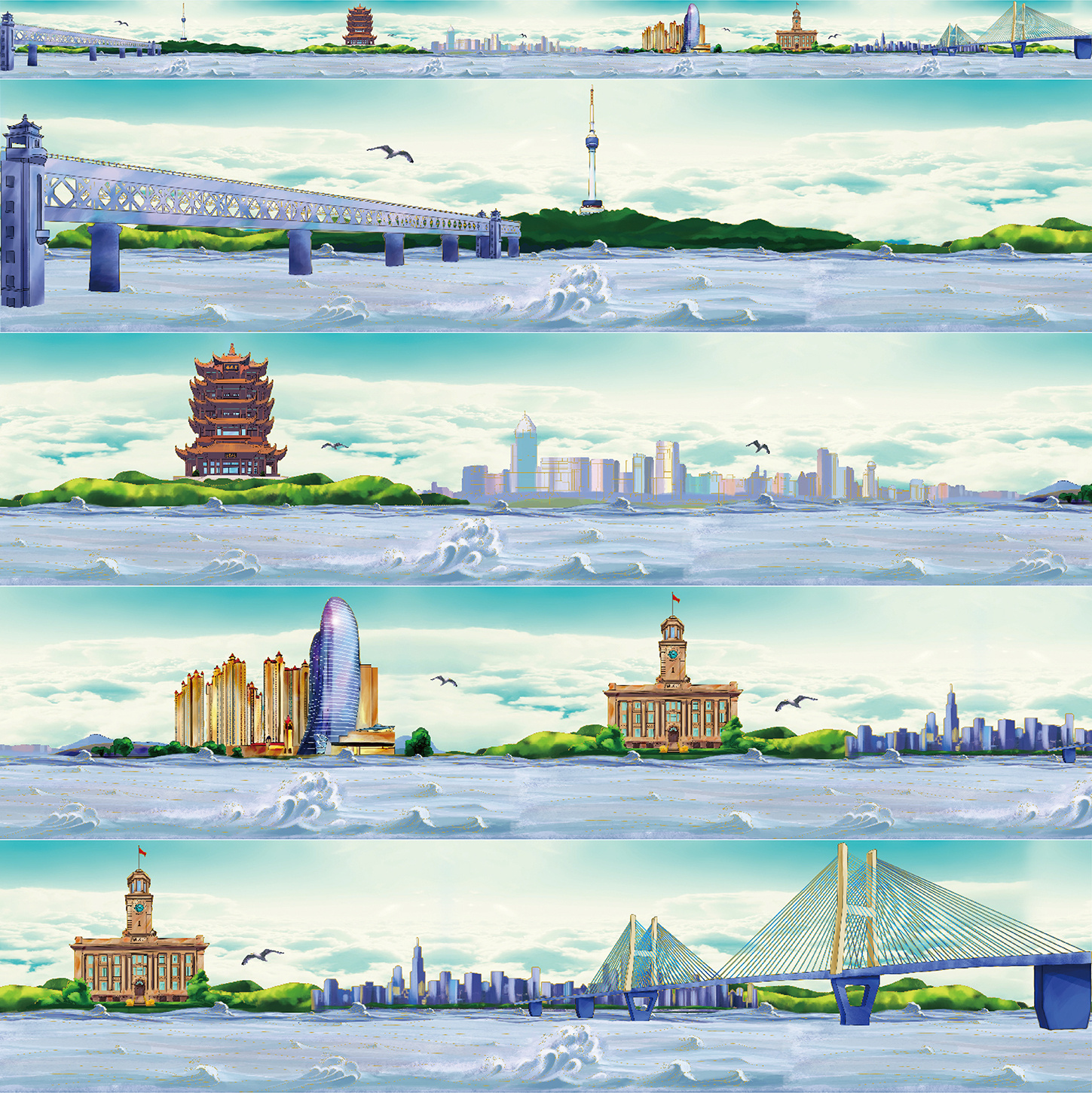 武汉黄鹤楼,龟山电视塔,江汉关大桥二桥全景长卷绘画