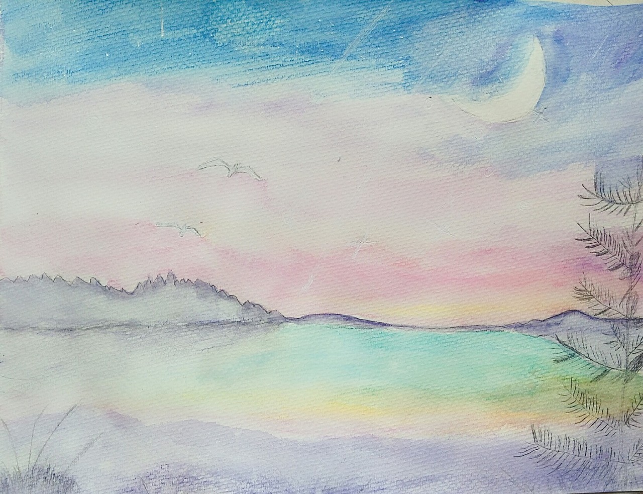 水溶性彩铅星空湖|插画|插画习作|Angelinaone