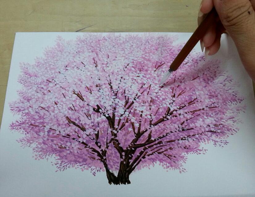 彩铅画樱花树简单图片