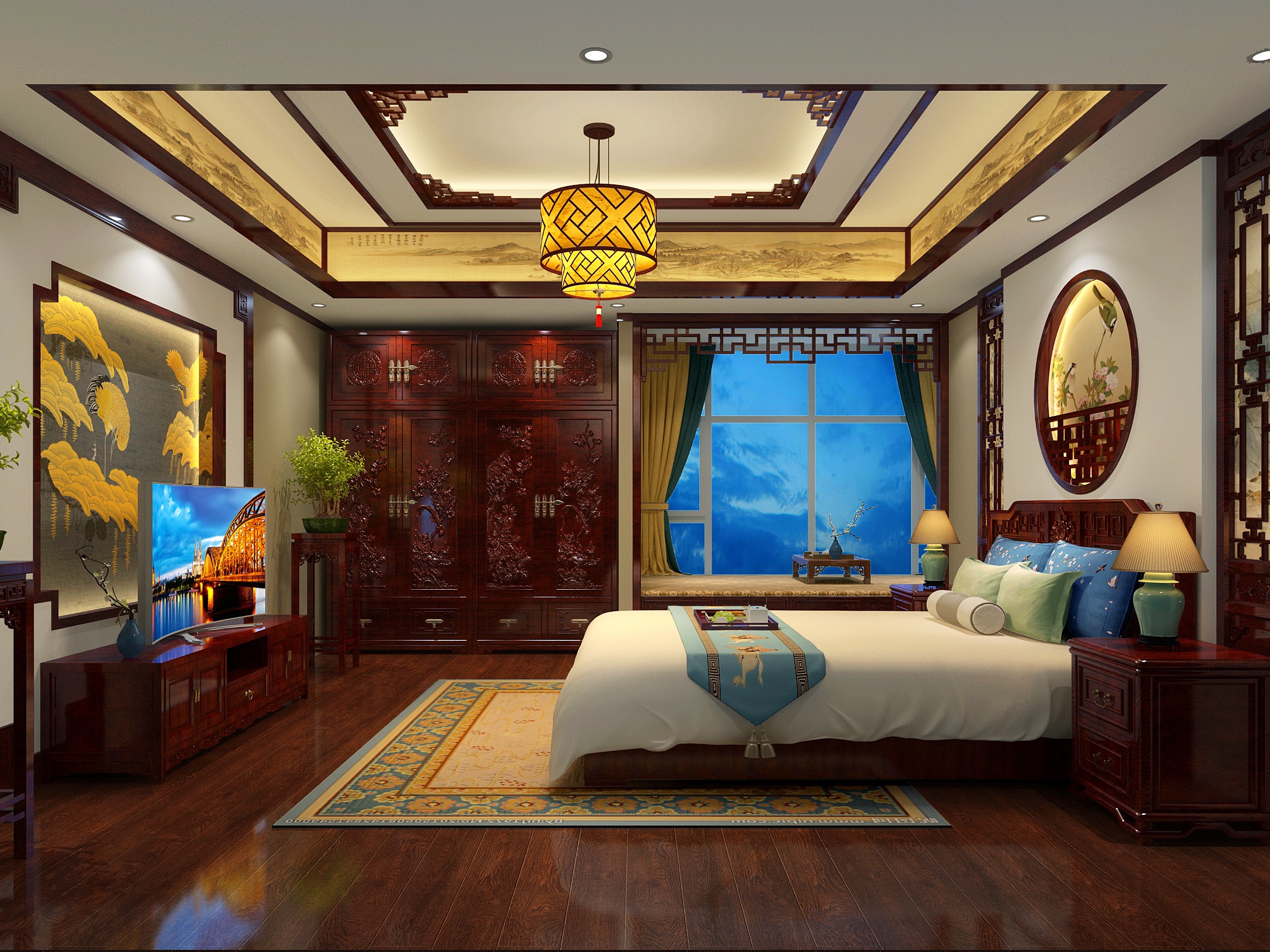 日照复式楼新中式设计案例，卧室中式装修效果图_紫云轩中式设计图库