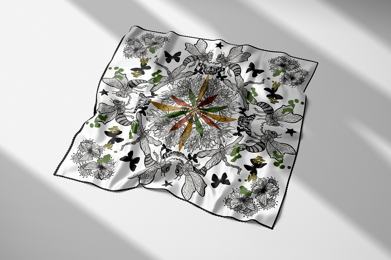 手绘动物组合图案丝巾/T恤设计