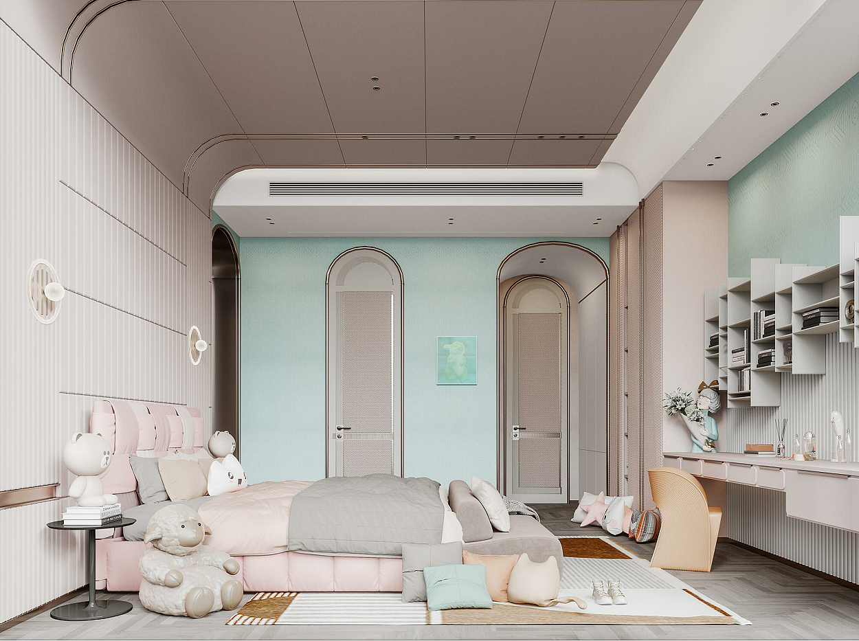 女儿房选用莫兰迪蓝和粉红色作为背景墙的主色调,让女儿房显得特别有活力。为了让房间更符合孩子的心理,在房间中使用了大量的卡通元素,例如吊顶中间鸟巢造型的主灯、以及各种卡通造型的玩偶,这些元素的加入,让女儿房充满童趣,更适合孩子居住。
Daughter room chooses Morandi blue and pink to serve as the main tone of background wall, let daughter room appear especially energetic. In order to make the room more in line with the child's psychology, a large number of cartoon elements are used in the room, such as the main lamp in the shape of the bird's nest in the middle of the ceiling, and all kinds of cartoon dolls. The addition of these elements makes the room full of children's fun and more suitable for children to live.