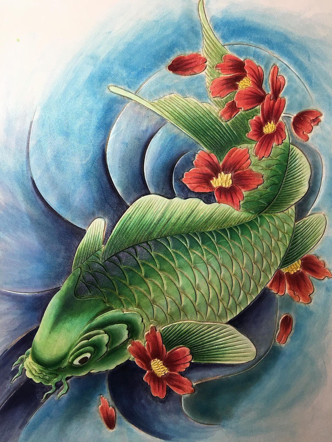 皮雕画珍稀绿锦鲤