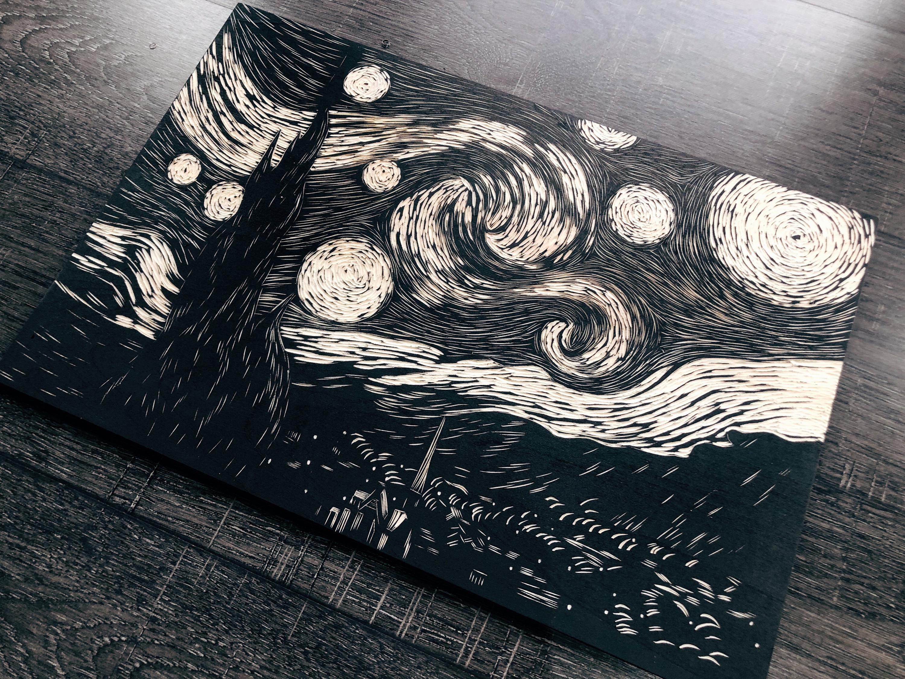 手工雕刻黑白木刻版画《星空》《神奈川冲浪里》