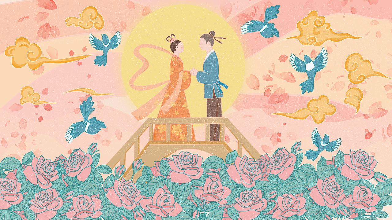 浪漫七夕鹊桥相会插画