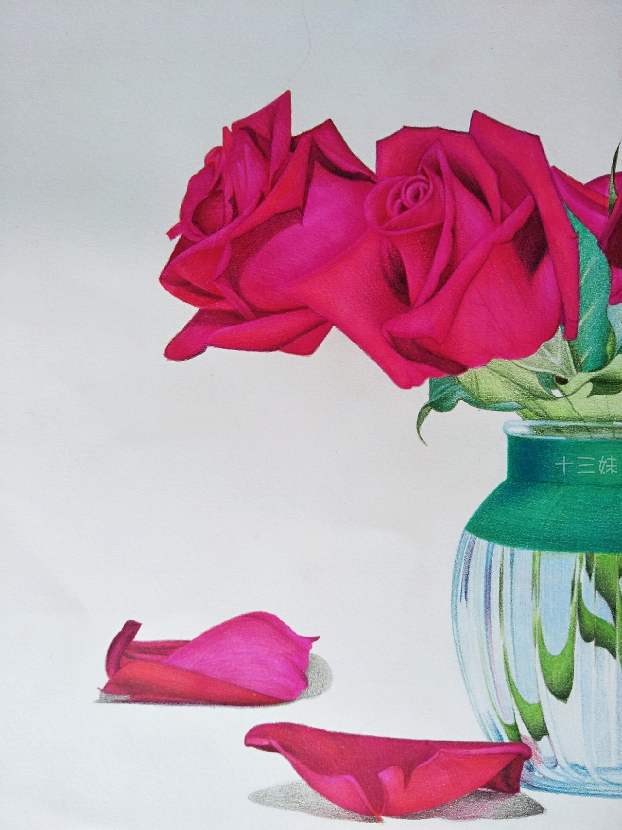 玫瑰月季彩铅画玻璃花瓶插花