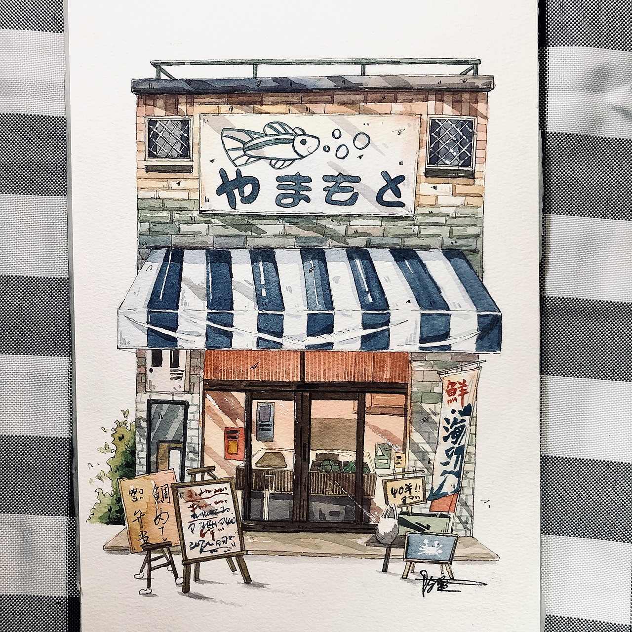 水彩手绘,日式建筑,日式店铺,日式小房子,钢笔淡彩
