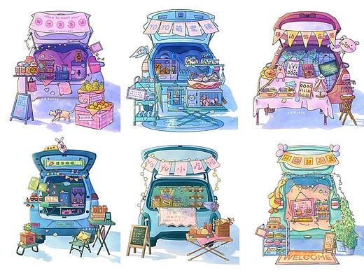 车尾箱集市治愈店铺 | 小场景插画（合集）