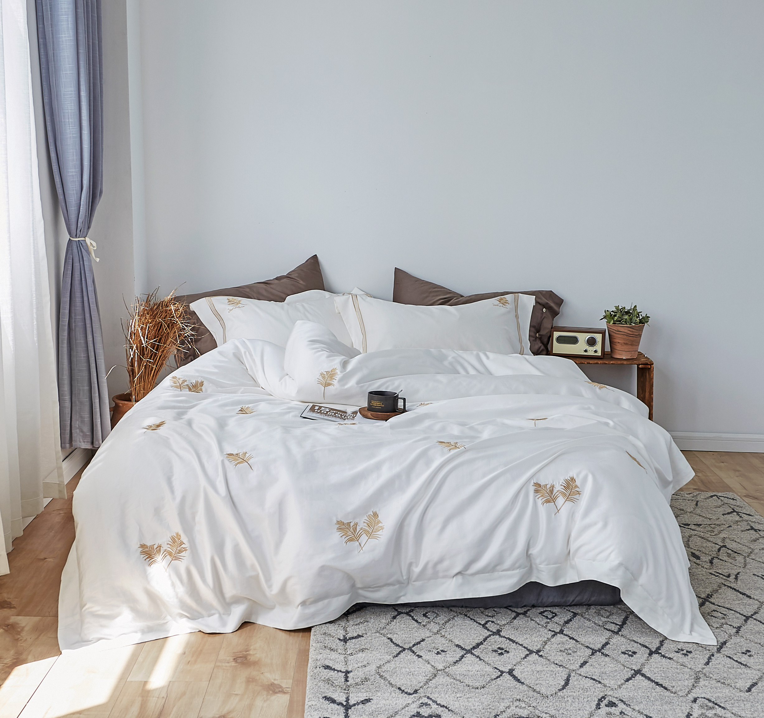 【闪拍侠摄影】家纺家居四件套白色金叶子拍摄