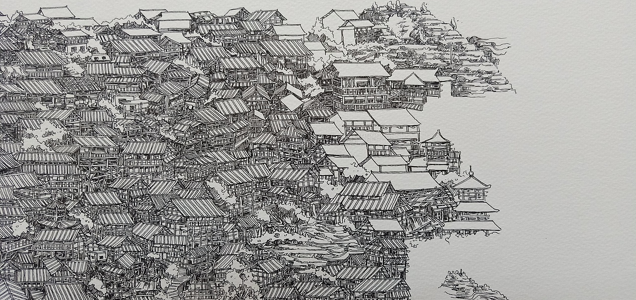 范炯钢笔画手绘表现《千户苗寨》