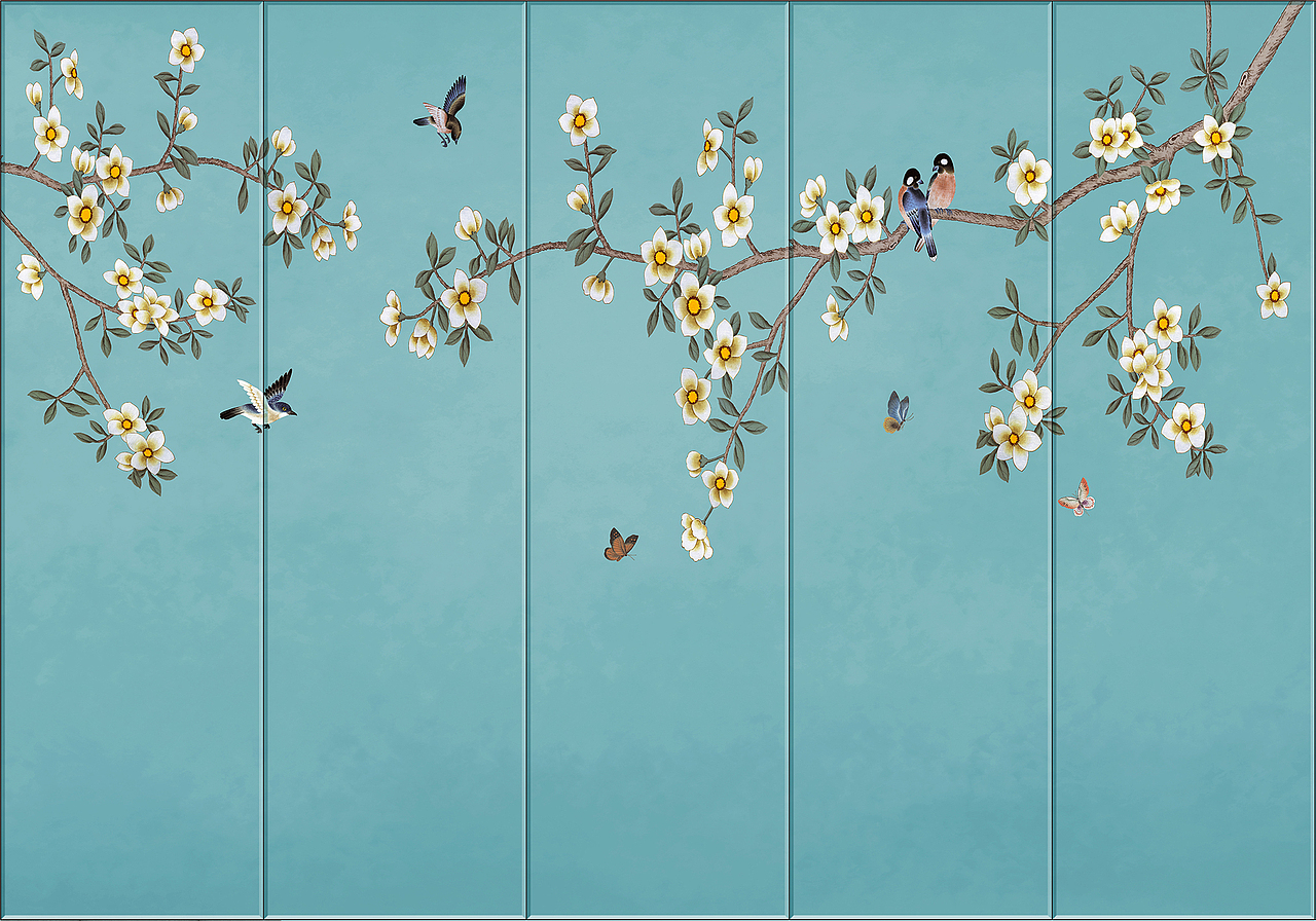 手绘工笔花鸟墙纸硬包