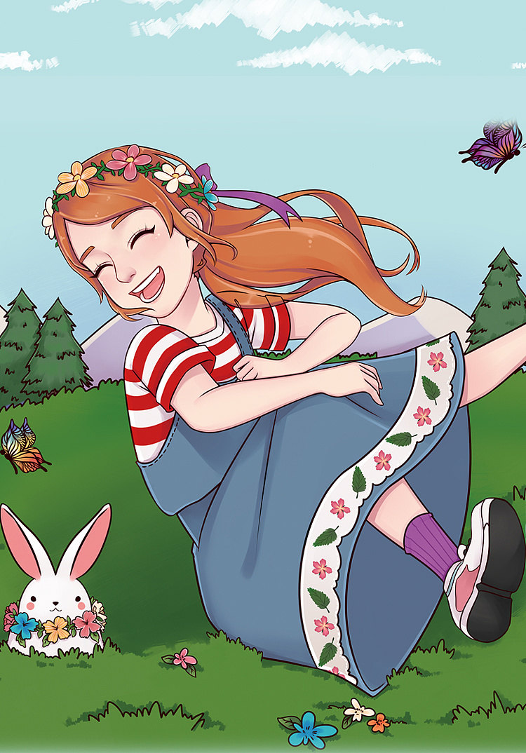 手绘人物女孩海报四视图插画