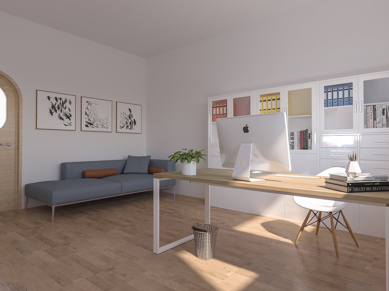 二楼园长办公室 br>办公室主要采用了原木色与白色两种颜色搭配,再