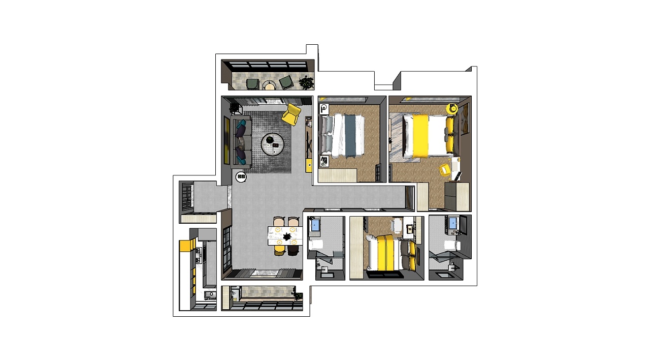 sketchup家装设计 模型俯视图|空间|家装设计|室内设计师周理康