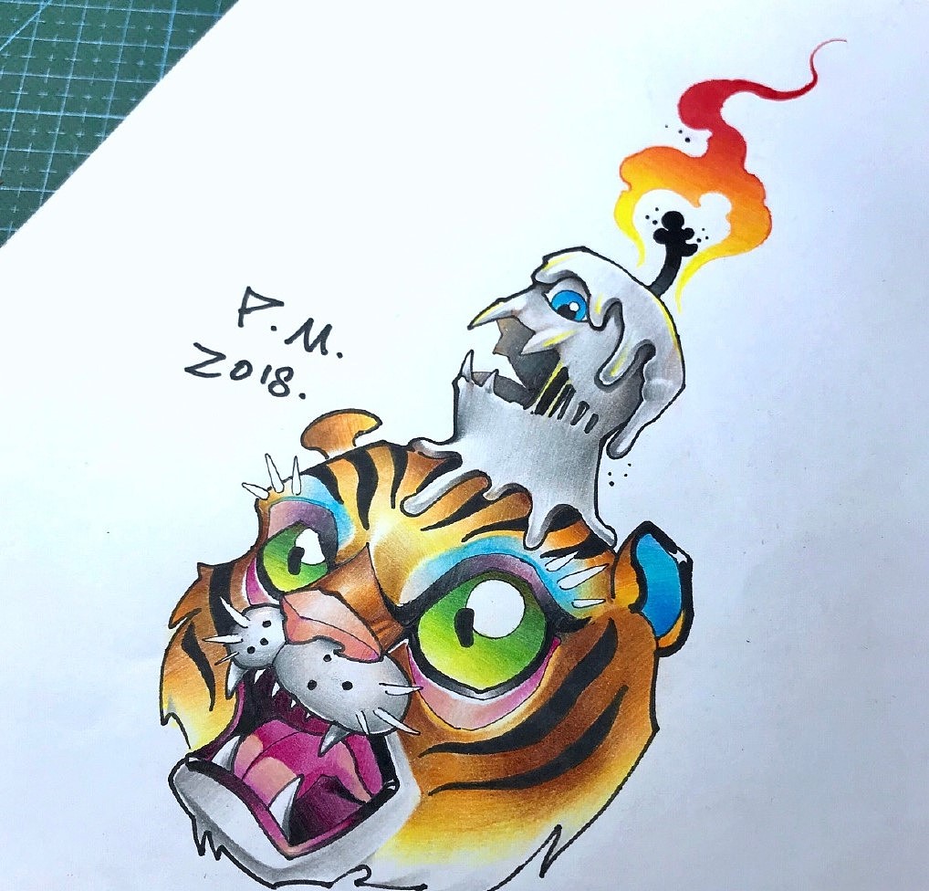 老虎蜡烛纹身手稿（图ZMjIxNzQwNzI0） - 新锐潮流插画 - 站酷设计师PMOOONFNTATTOO原创素材 - 站酷ZCOOL