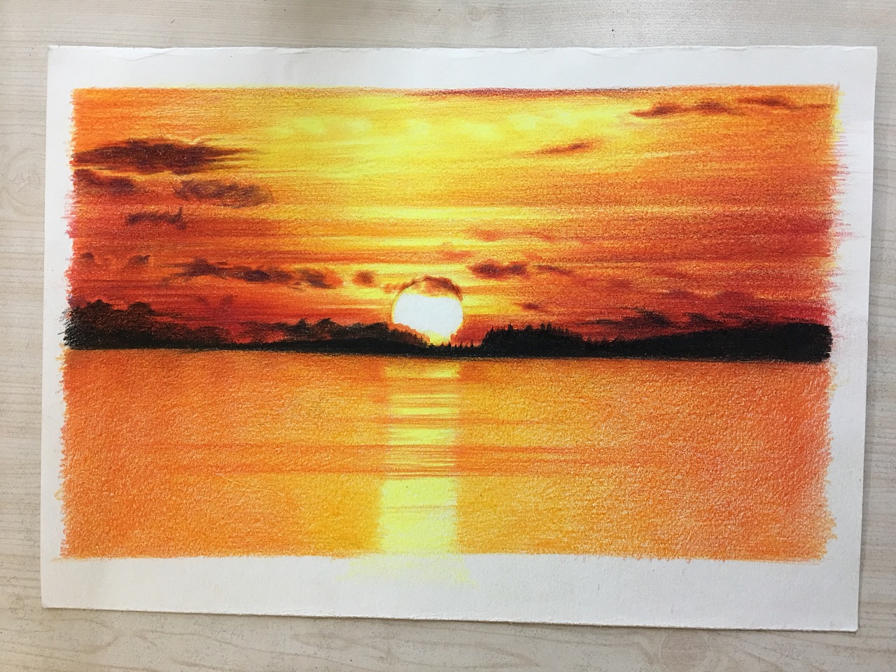 彩铅画夕阳图片