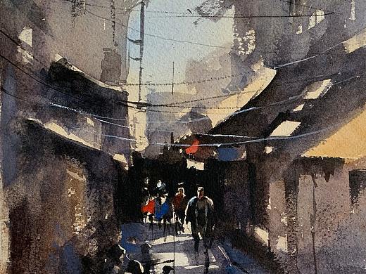 夏宇航水彩画《武昌的街巷》