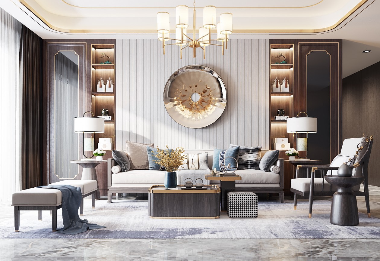 新式中式风客厅全景效果图设计（图ZMjcwODYxMDY4） - 家装设计 - 站酷设计师王彤ing原创素材 - 站酷ZCOOL
