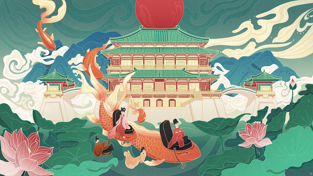 陕西西安国潮国风大唐芙蓉园插画（图ZMjI1NzM3MTI4） - 商业插画 - 站酷设计师花月夜_原创素材 - 站酷ZCOOL