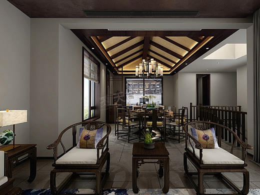 高屋林语堂联排户型装修图,合院别墅中式风设计案例